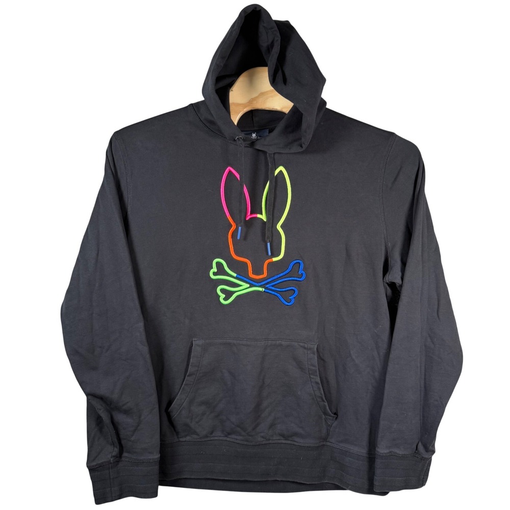 Psycho Bunny Hoodie Mens XXL Black Neon Rainbow Embroidered Pullover Sweatshirt